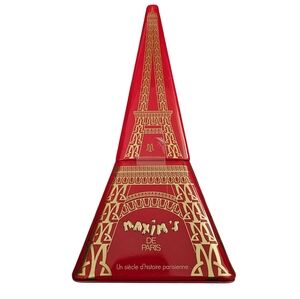MAXIM'S De Paris Eifel Tower Empty Red/Gold Tin 8.1" tall x 3.8" x 3.8"